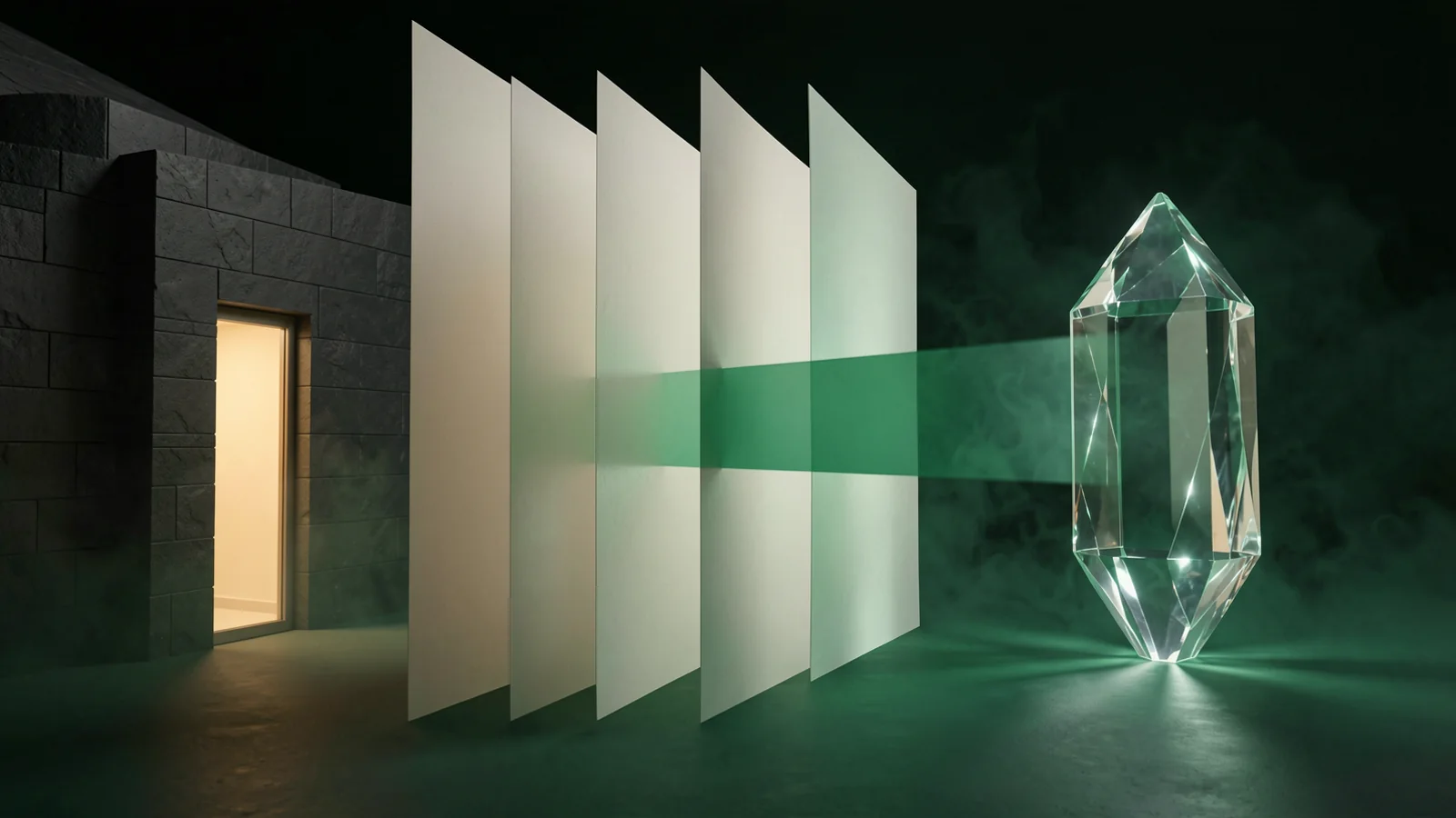 Porta iluminada conecta uma empresa a painéis de conteúdo e a um cristal que representa um agente de IA