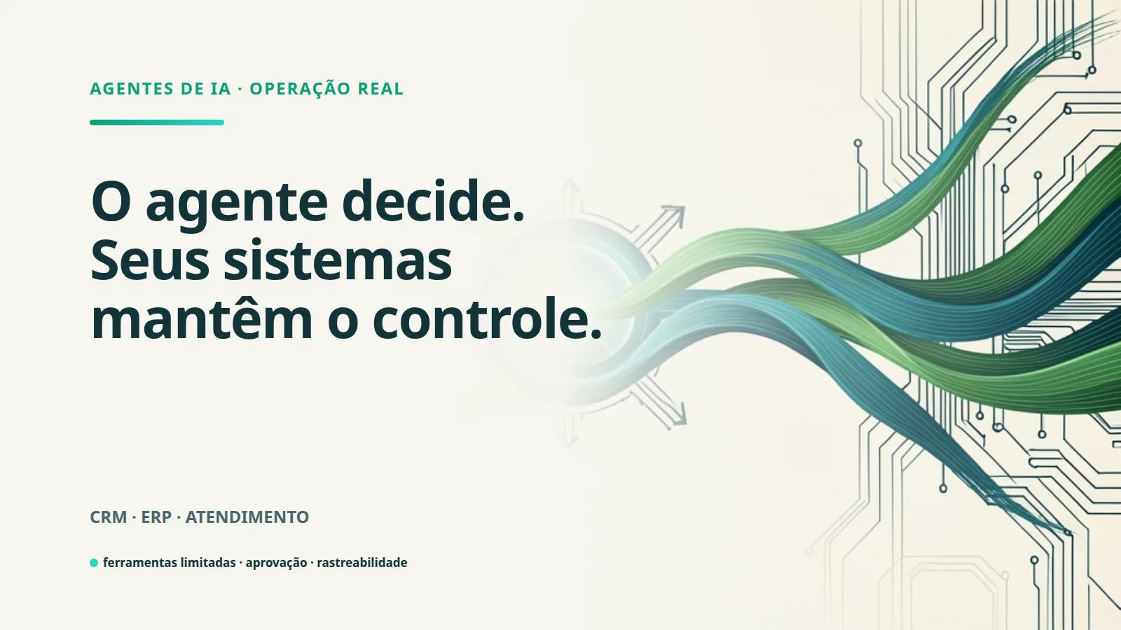 Fluxos em verde e teal convergem para um núcleo protegido ao lado da frase: O agente decide. Seus sistemas mantêm o controle.