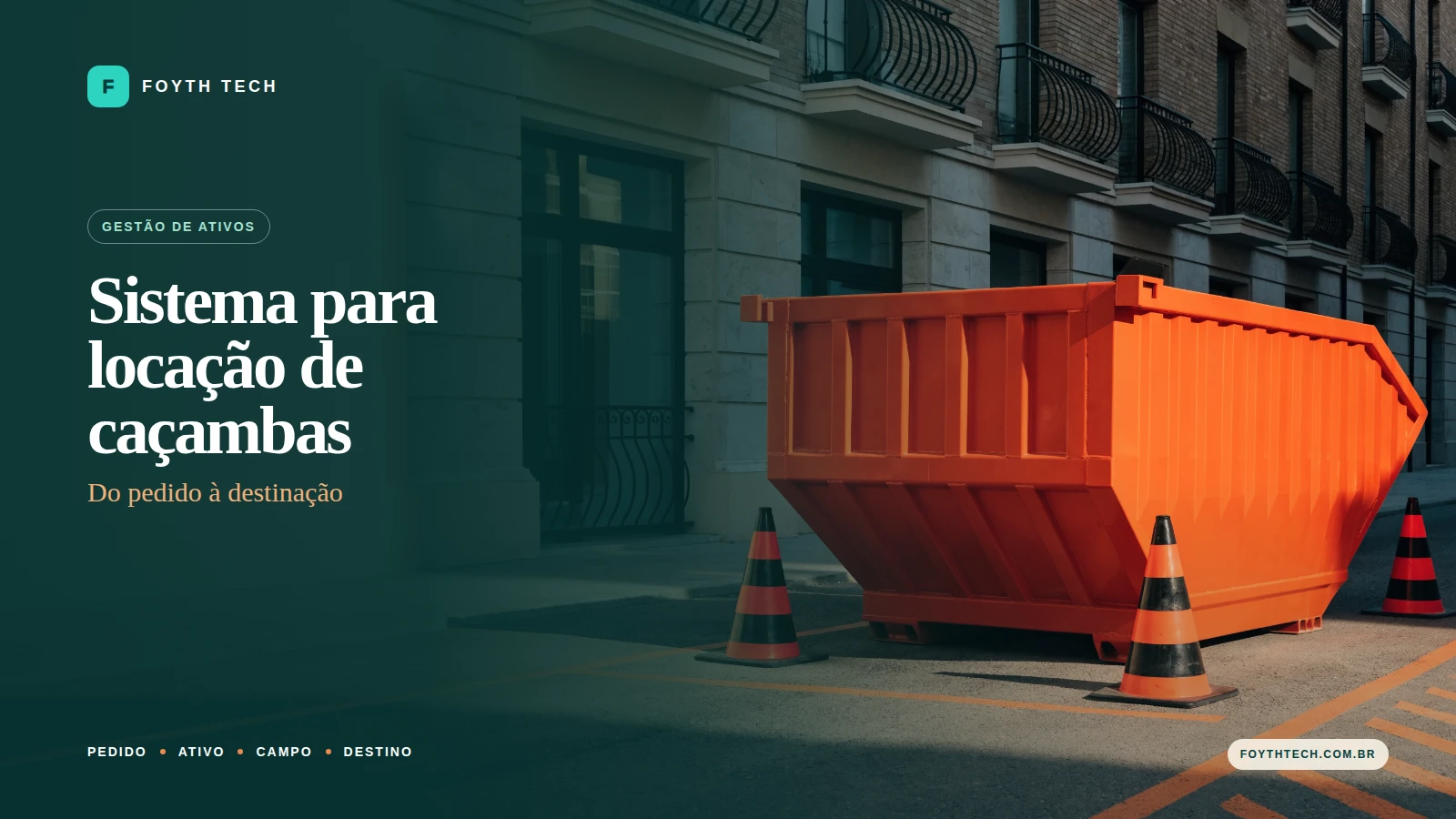 Caçamba estacionária laranja apoiada no solo em uma área urbana sinalizada, pronta para registro operacional
