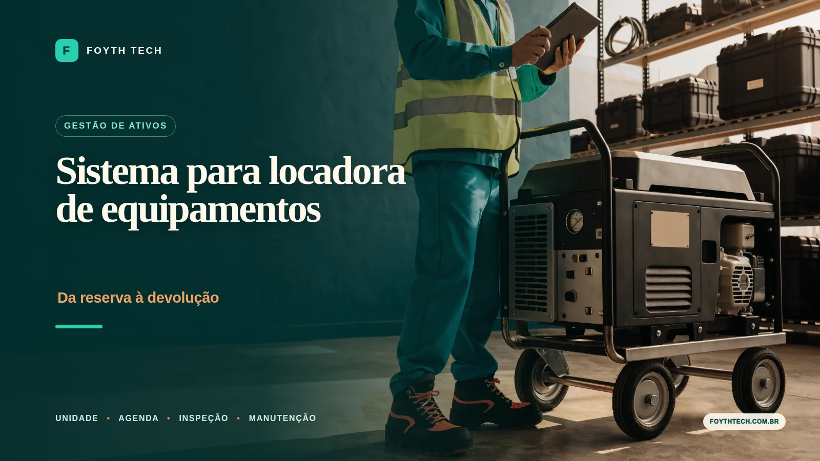Profissional confere em um tablet uma unidade identificada em um depósito organizado de equipamentos para locação