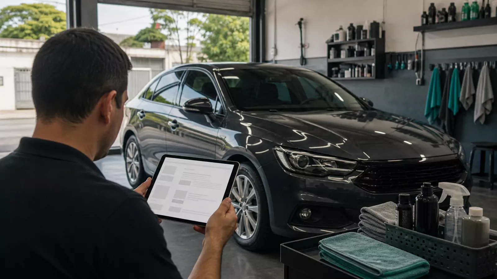 Profissional de estética automotiva organizando o atendimento ao lado de um veículo