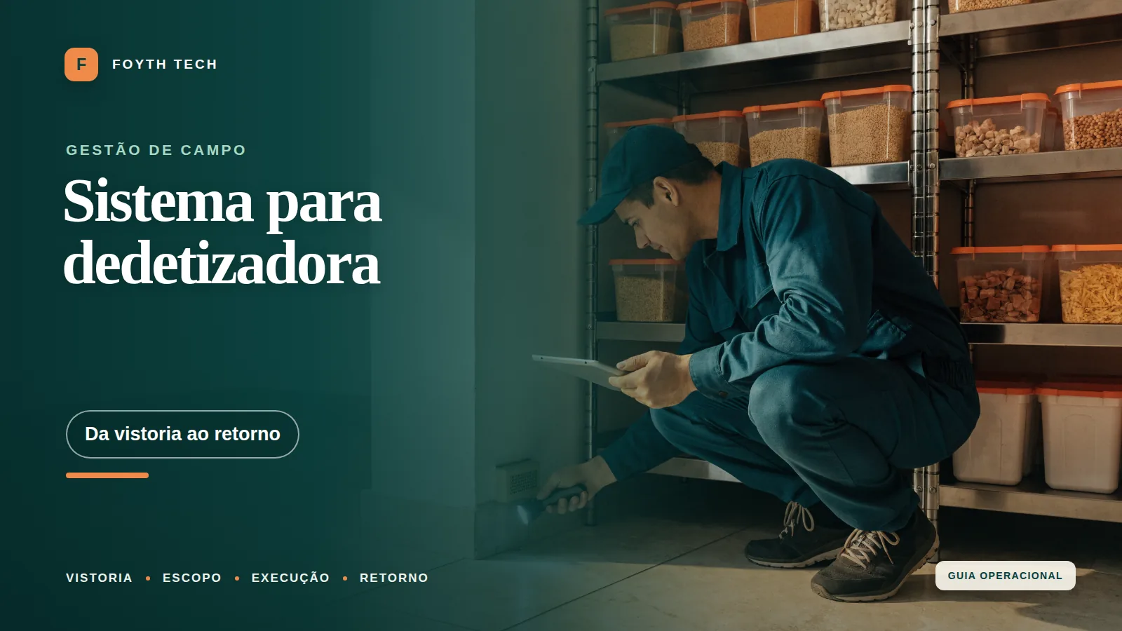 Técnico de controle de pragas registra uma vistoria em tablet diante de pontos de monitoramento em uma área comercial