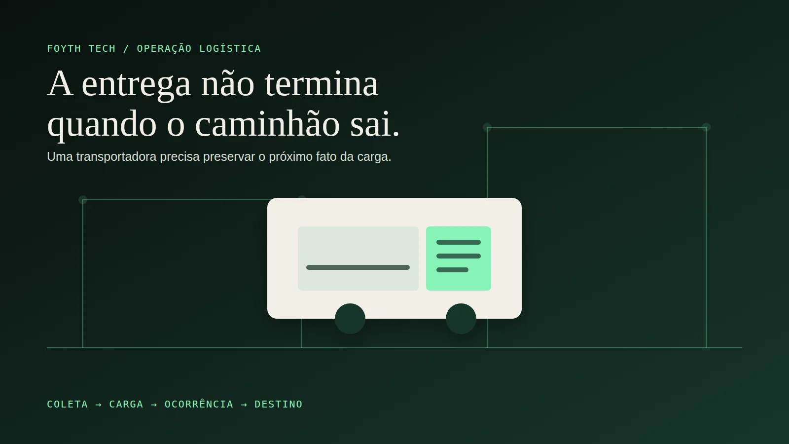 Caminhão claro em uma rota verde entre dois pontos operacionais sobre fundo grafite, representando a passagem da coleta à entrega